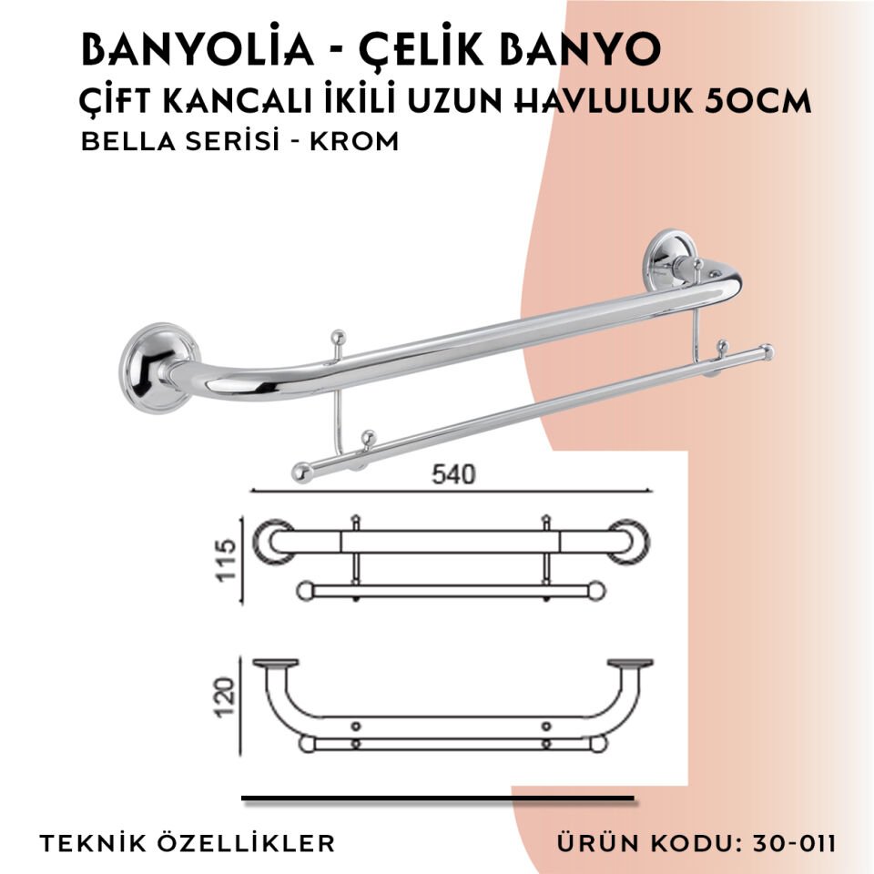 BANYOLİA - Çelik Banyo Bella İkili Uzun Havluluk Çift Kancalı 50cm (30-011)