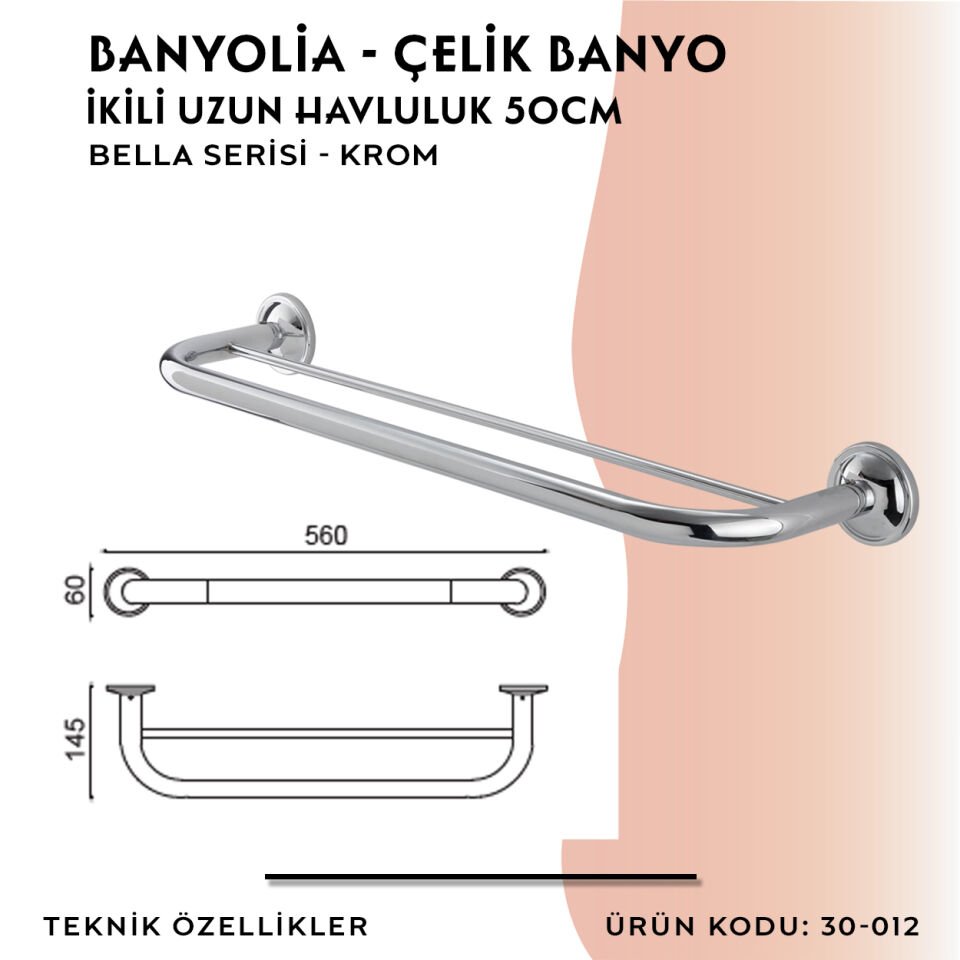 BANYOLİA - Çelik Banyo Bella İkili Uzun Havluluk 50cm (30-012)
