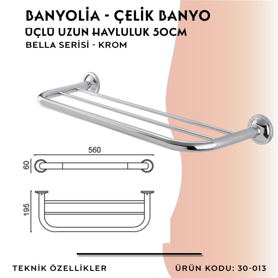 BANYOLİA - Çelik Banyo Bella Üçlü Uzun Havluluk 50cm (30-013)