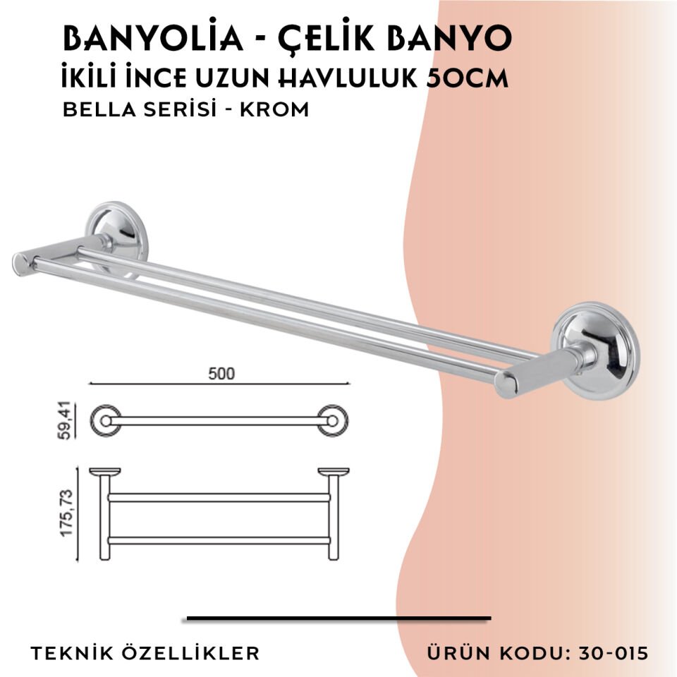 BANYOLİA - Çelik Banyo Bella İkili İnce Uzun Havluluk 50cm (30-015)