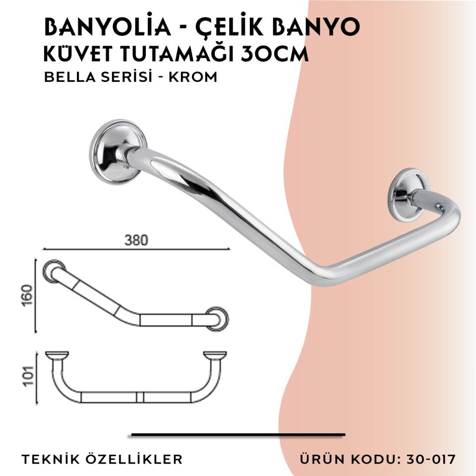 BANYOLİA - Çelik Banyo Bella Küvet Tutamağı 30cm (30-017)