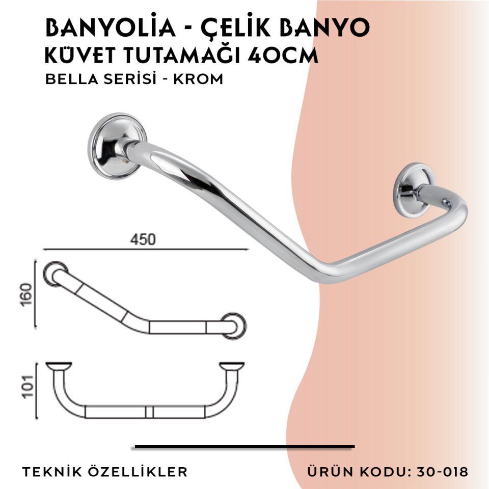 BANYOLİA - Çelik Banyo Bella Küvet Tutamağı 40cm (30-018)