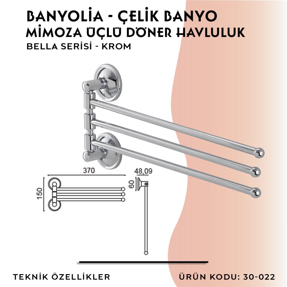 BANYOLİA - Çelik Banyo Bella Mimoza Üçlü Döner Havluluk  (30-022)