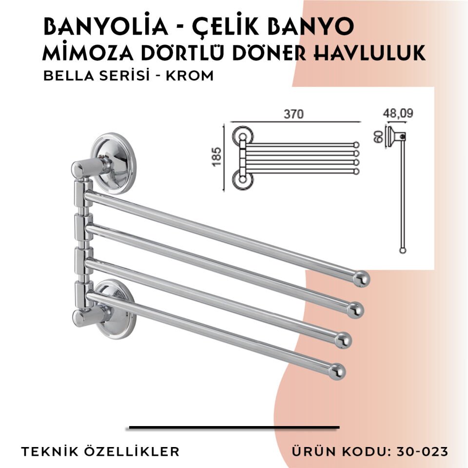 BANYOLİA - Çelik Banyo Bella Mimoza Dörtlü Döner Havluluk  (30-023)