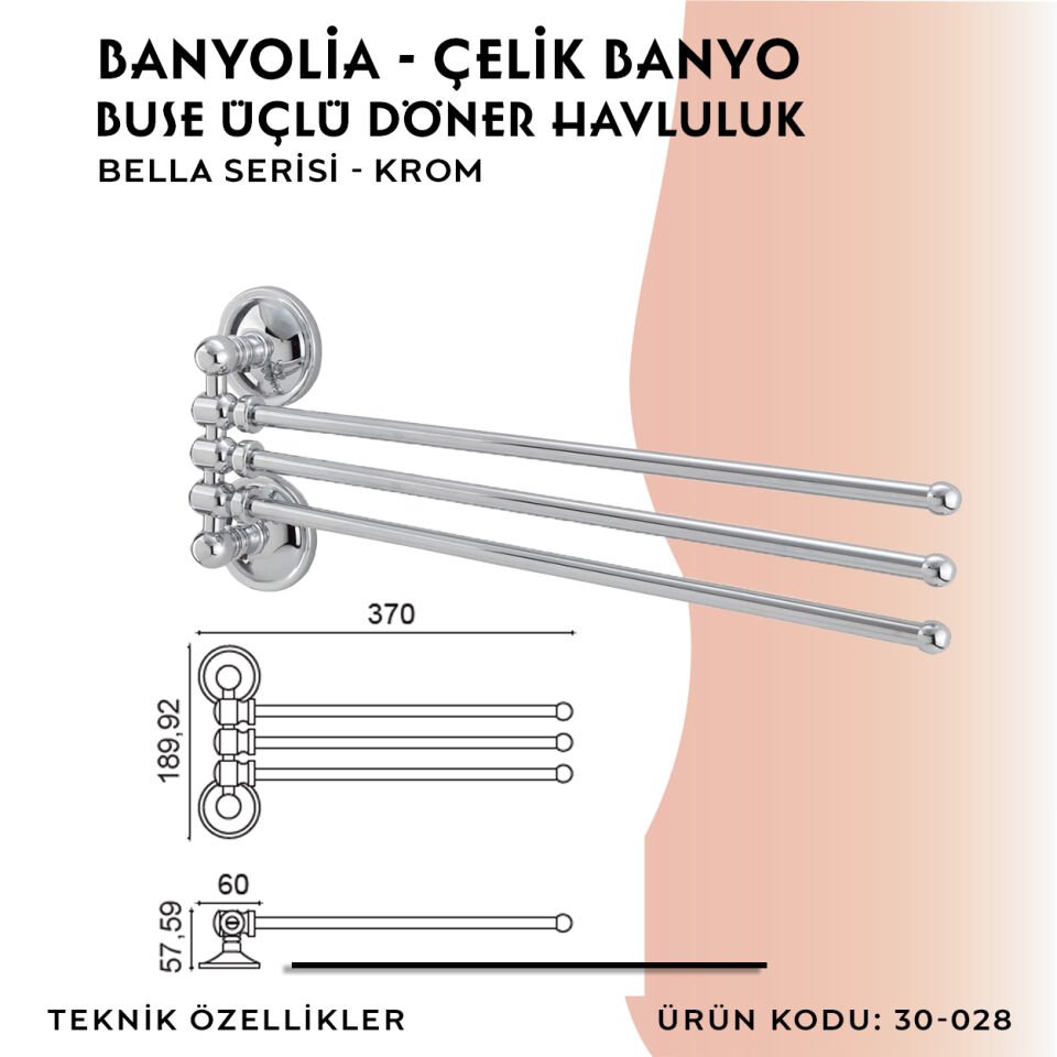 BANYOLİA - Çelik Banyo Bella Buse Üçlü Döner Havluluk  (30-028)
