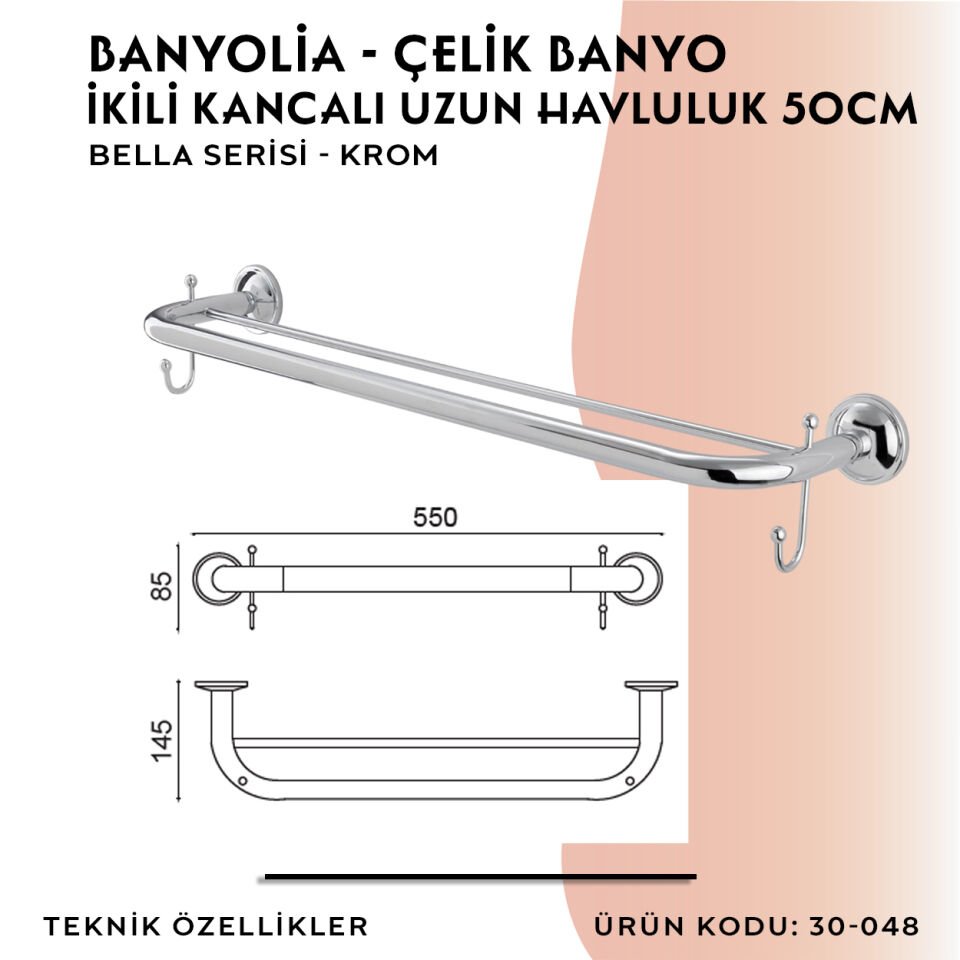 BANYOLİA - Çelik Banyo Bella İkili Uzun Kancalı Havluluk 50cm (30-048)