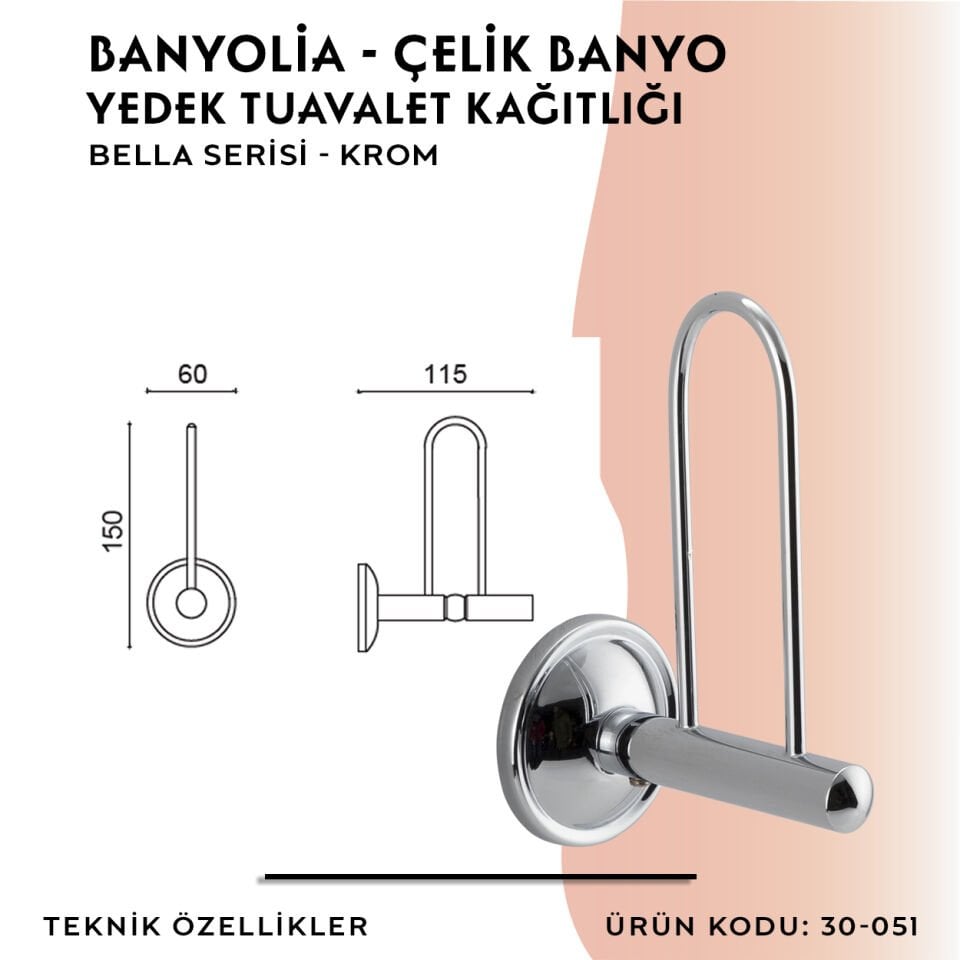 BANYOLİA - Çelik Banyo Bella Yedek Tuvalet Kâğıtlığı (30-051)