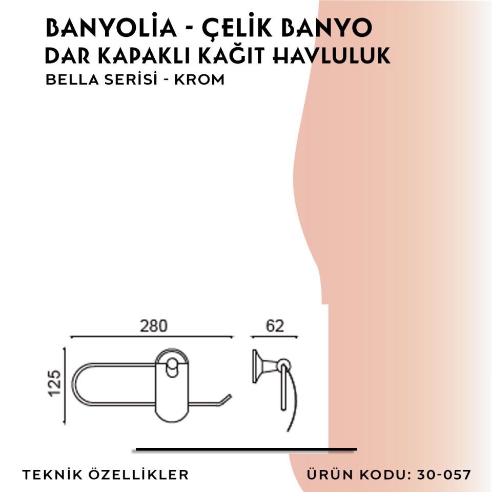 BANYOLİA - Çelik Banyo Bella Dar Kapaklı Kâğıt Havluluk (30-057)