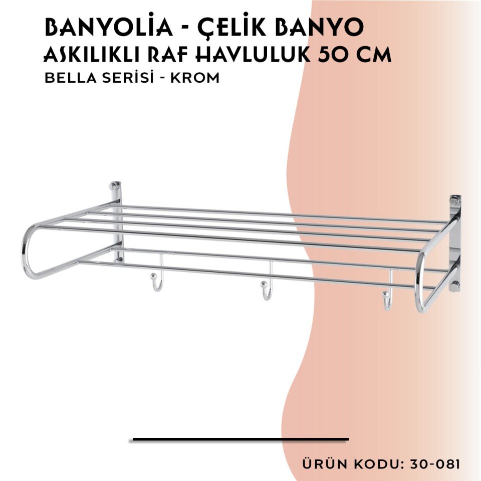 BANYOLİA - Çelik Banyo Bella Askılıklı Raf Havluluk 50cm (30-081)