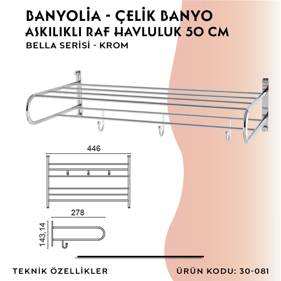 BANYOLİA - Çelik Banyo Bella Askılıklı Raf Havluluk 50cm (30-081)