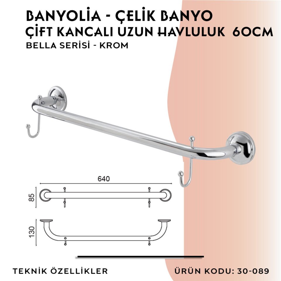 BANYOLİA - Çelik Banyo Bella Uzun Havluluk Çift Kancalı 60cm (30-089)
