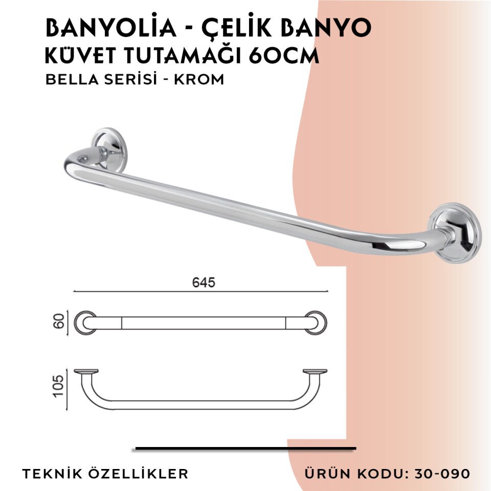BANYOLİA - Çelik Banyo Bella Küvet Tutamağı 60cm (30-090)