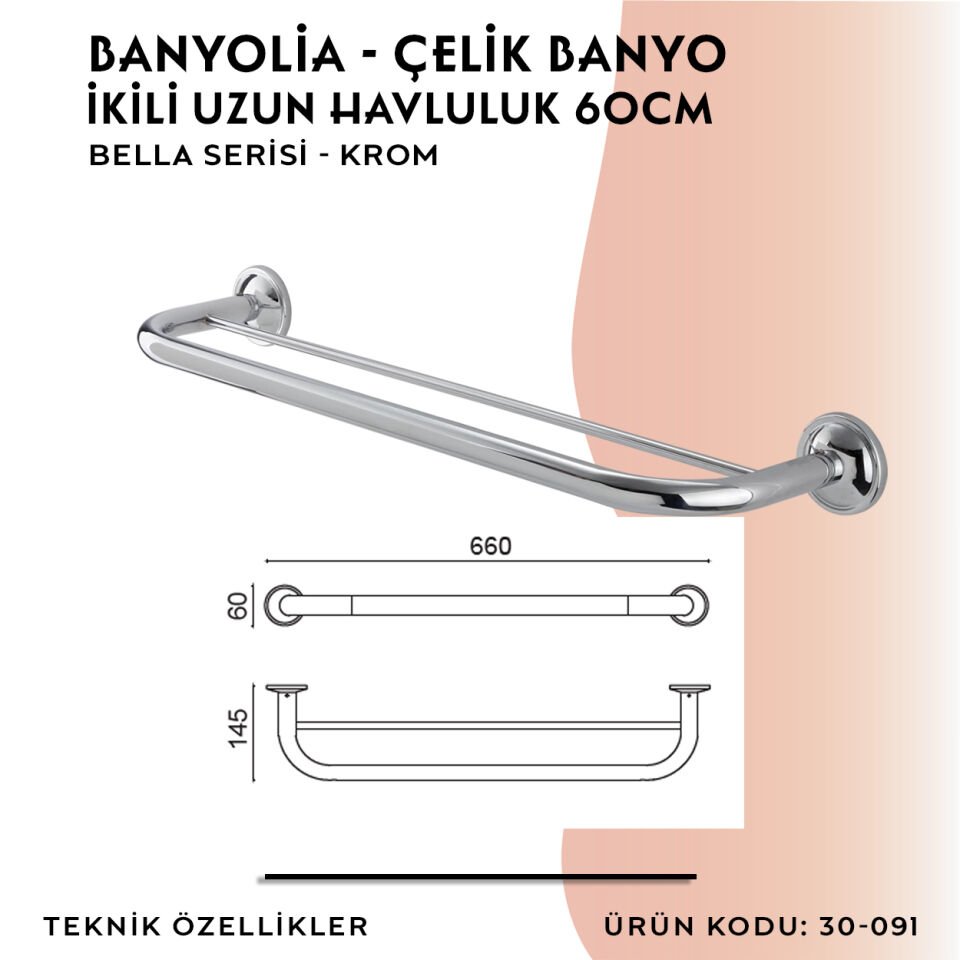 BANYOLİA - Çelik Banyo Bella İkili Uzun Havluluk 60cm (30-091)