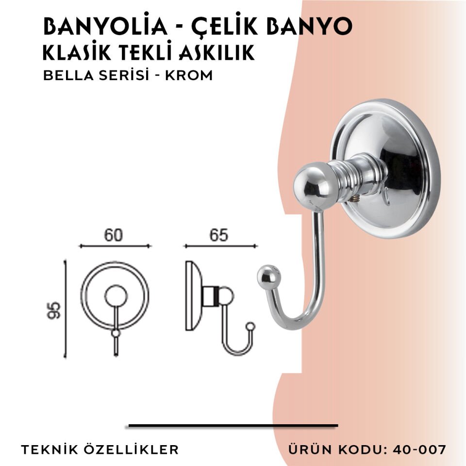 BANYOLİA - Çelik Banyo Bella Klasik Tekli Askılık (40-007)