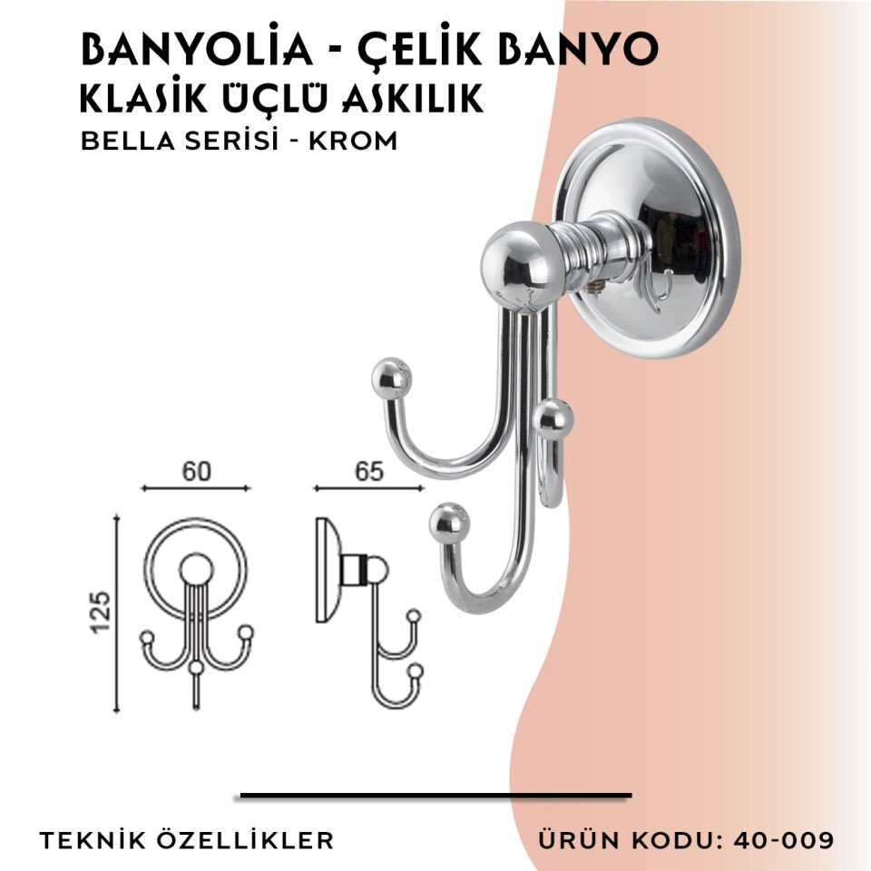 BANYOLİA - Çelik Banyo Bella Klasik Üçlü Askılık (40-009)