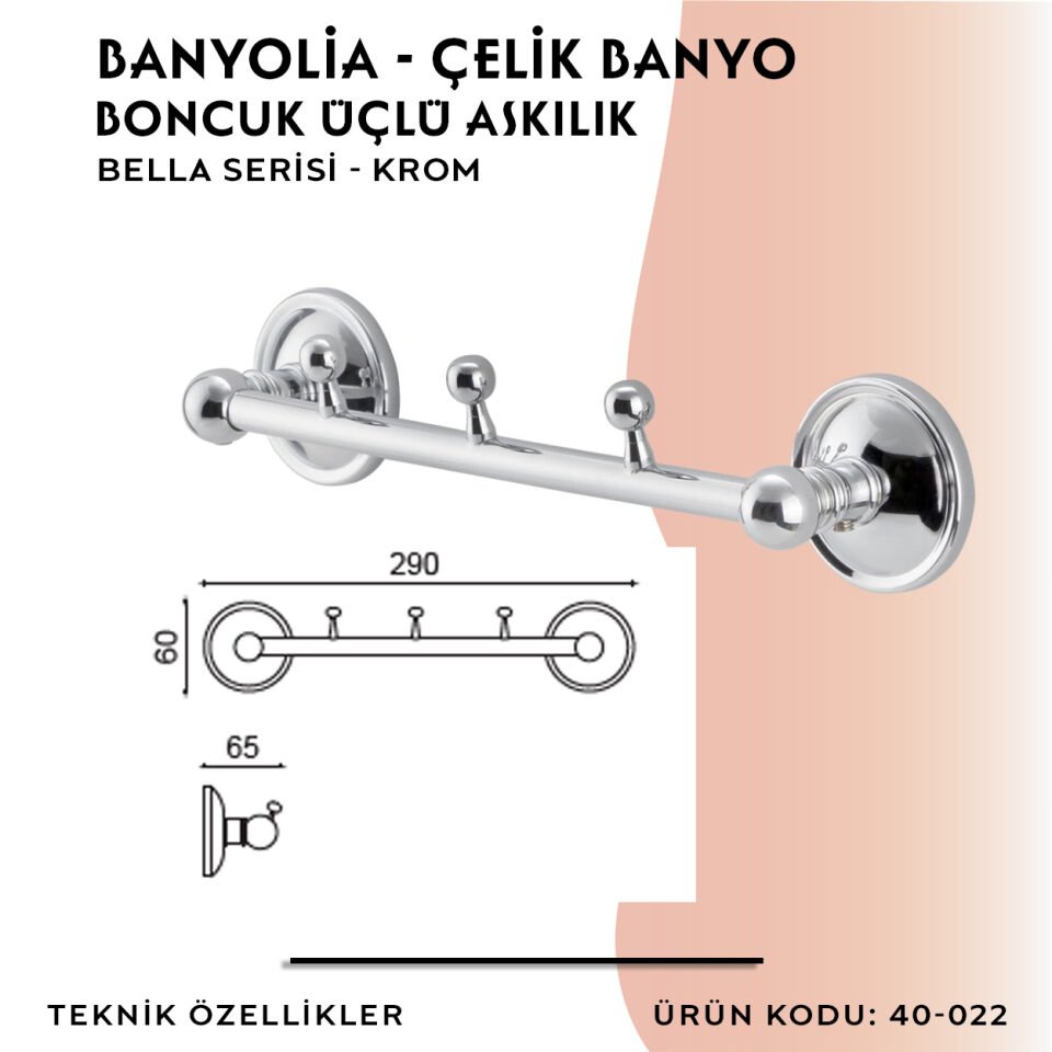 BANYOLİA - Çelik Banyo Bella Boncuk Üçlü Askılık (40-022)