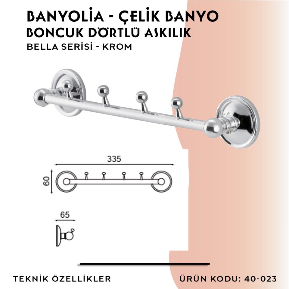 BANYOLİA - Çelik Banyo Bella Boncuk Dörtlü Askılık (40-023)