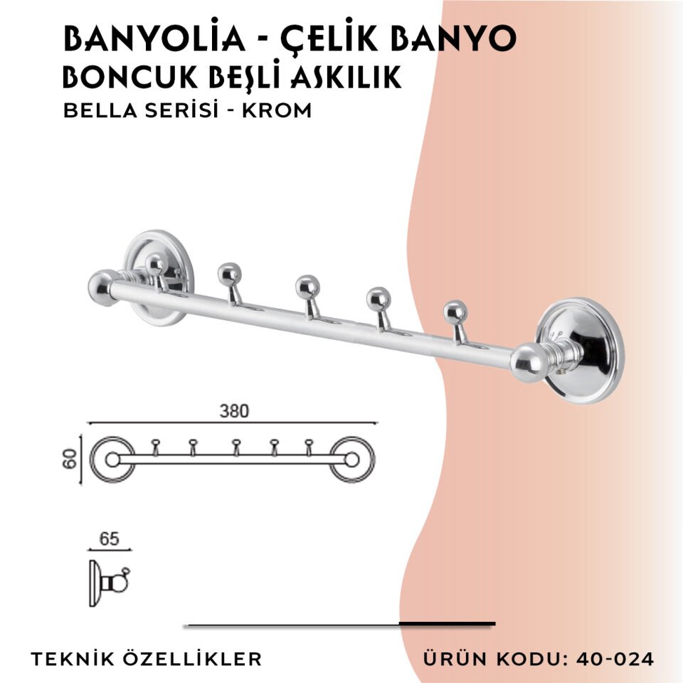 BANYOLİA - Çelik Banyo Bella Boncuk Beşli Askılık (40-024)