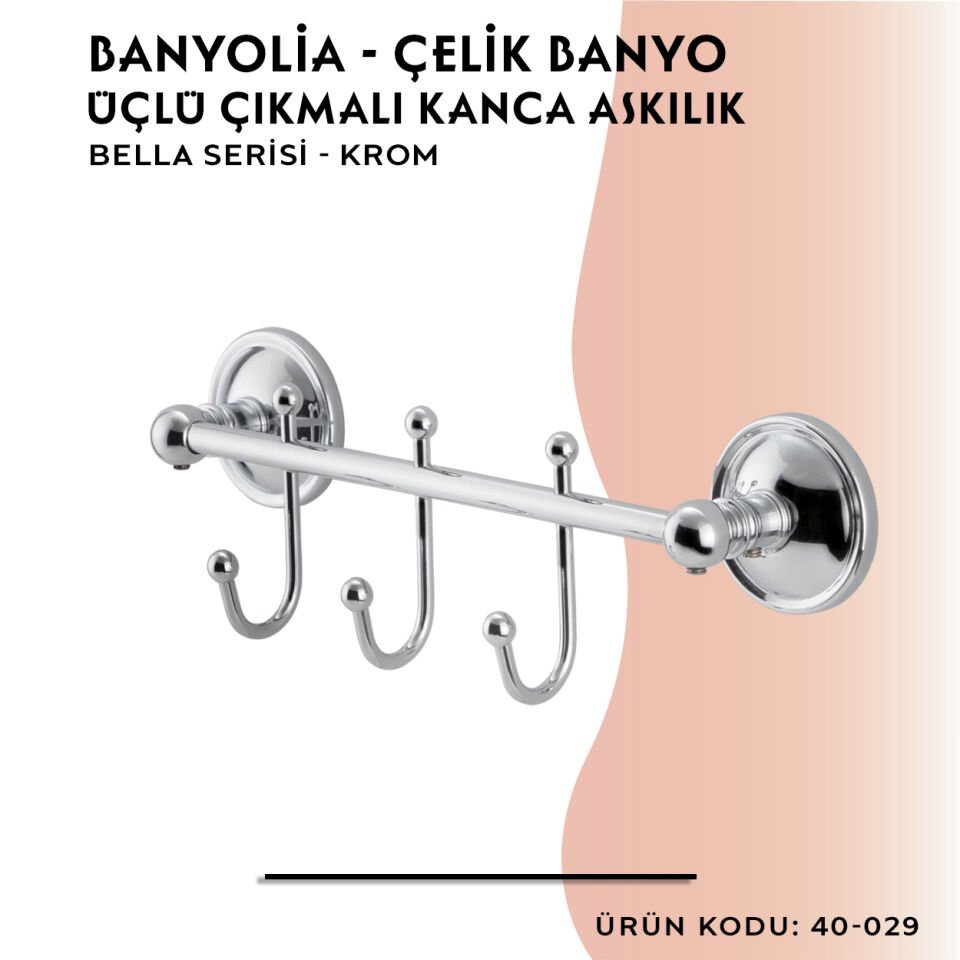 BANYOLİA - Çelik Banyo Bella Çıkmalı Kanca Üçlü Askılık (40-029)