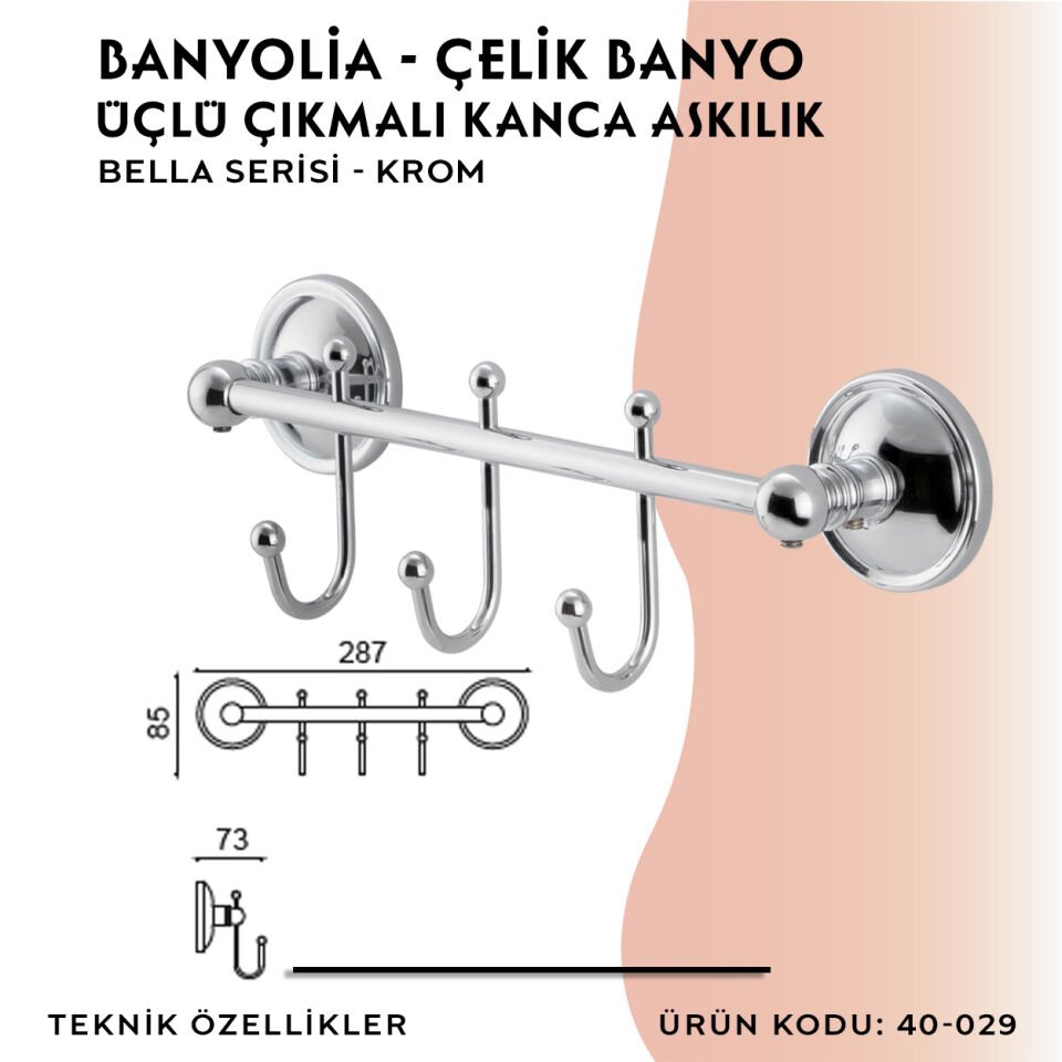 BANYOLİA - Çelik Banyo Bella Çıkmalı Kanca Üçlü Askılık (40-029)