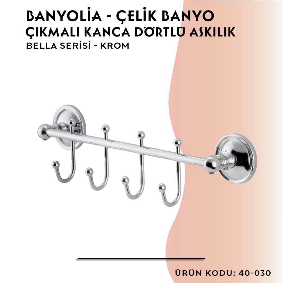 BANYOLİA - Çelik Banyo Bella Çıkmalı Kanca Dörtlü Askılık (40-030)