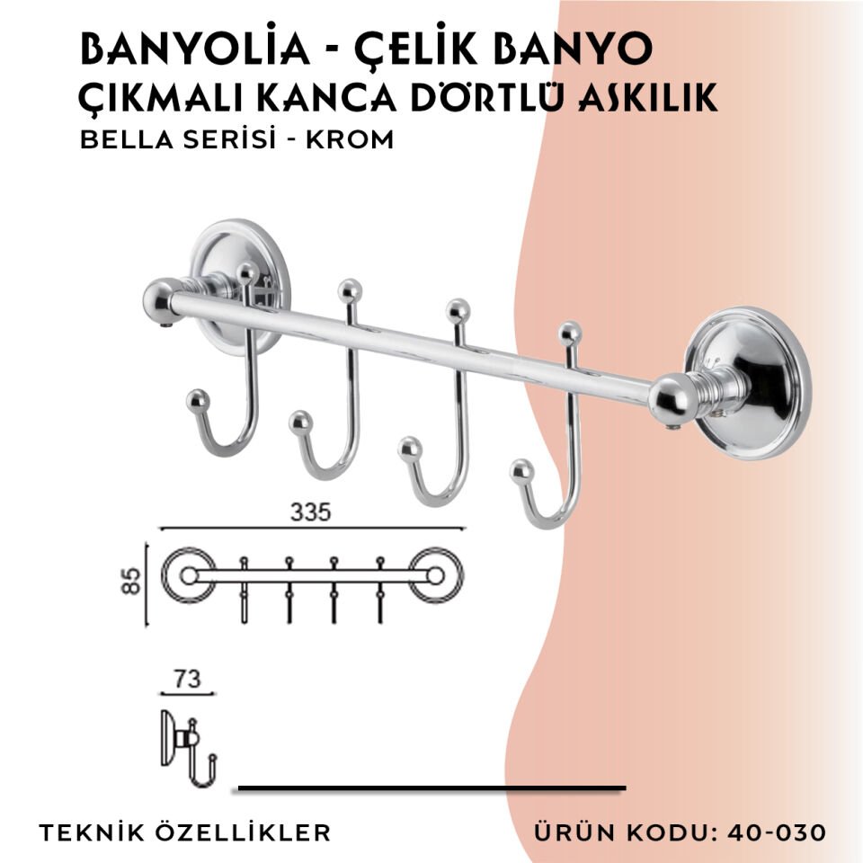 BANYOLİA - Çelik Banyo Bella Çıkmalı Kanca Dörtlü Askılık (40-030)