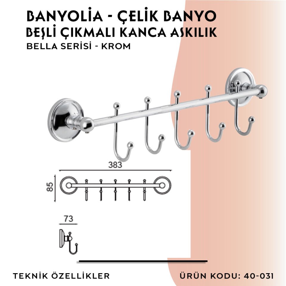 BANYOLİA - Çelik Banyo Bella Çıkmalı Kanca Beşli Askılık (40-031)
