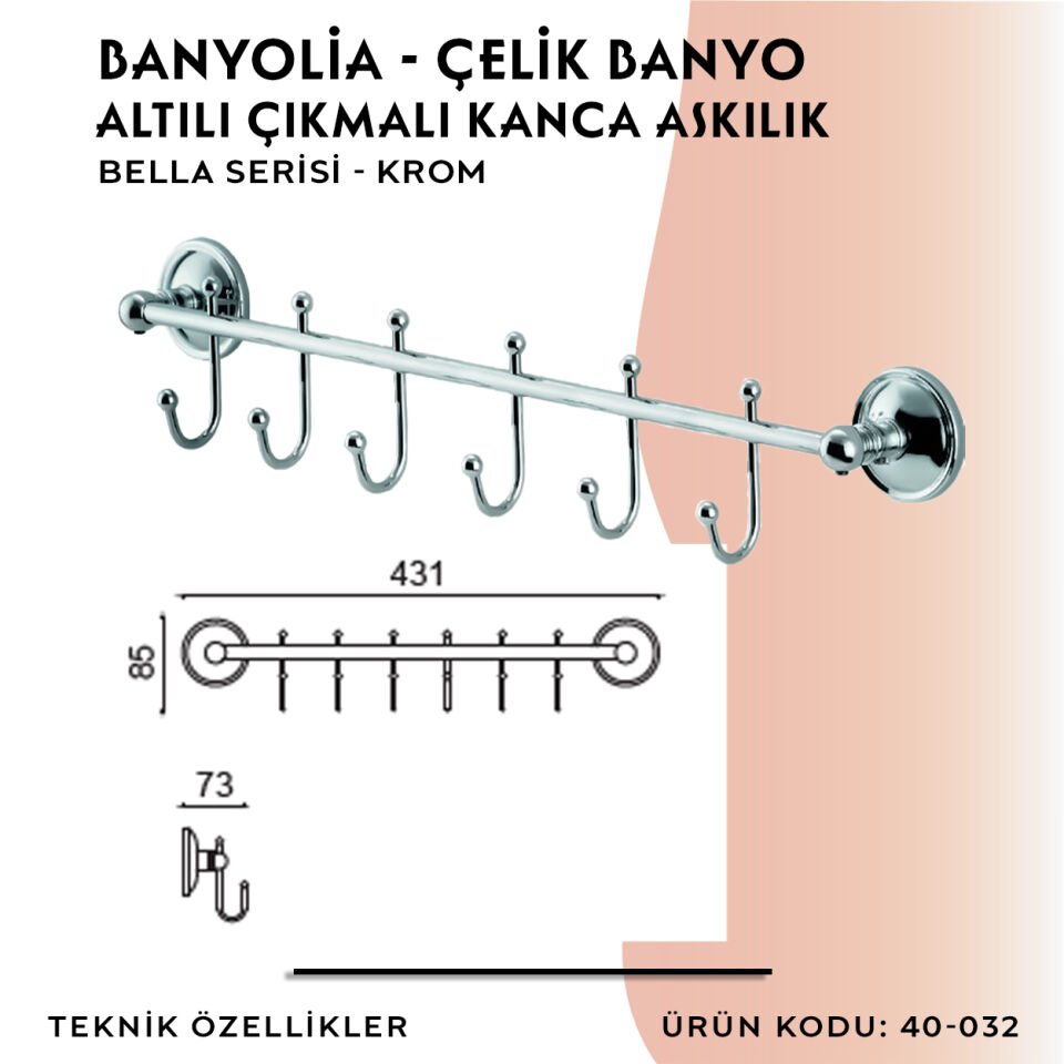 BANYOLİA - Çelik Banyo Bella Çıkmalı Kanca Altılı Askılık (40-032)