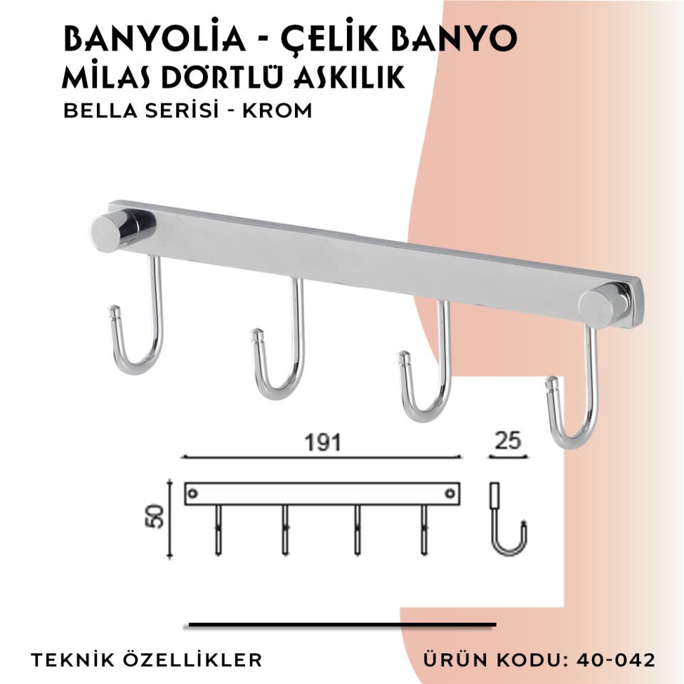 BANYOLİA - Çelik Banyo Bella Milas Dörtlü Askılık (40-042)