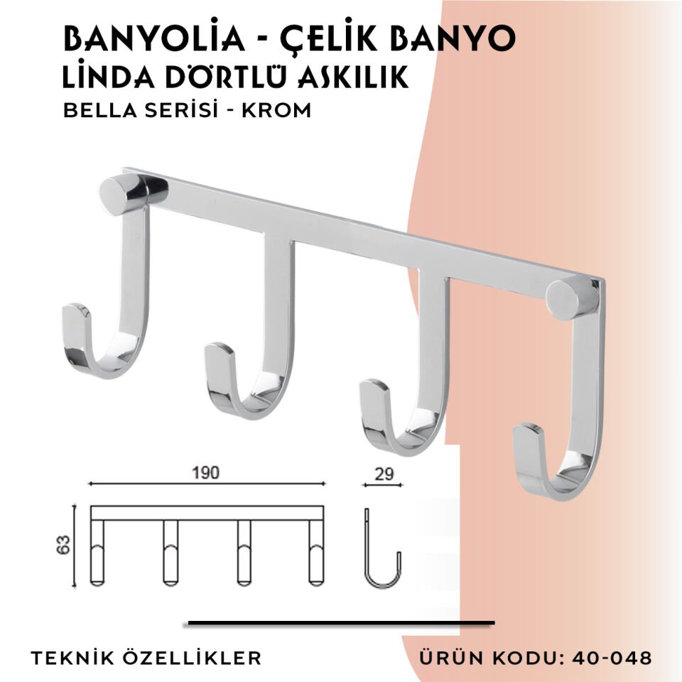 BANYOLİA - Çelik Banyo Bella Linda Dörtlü Askılık (40-048)