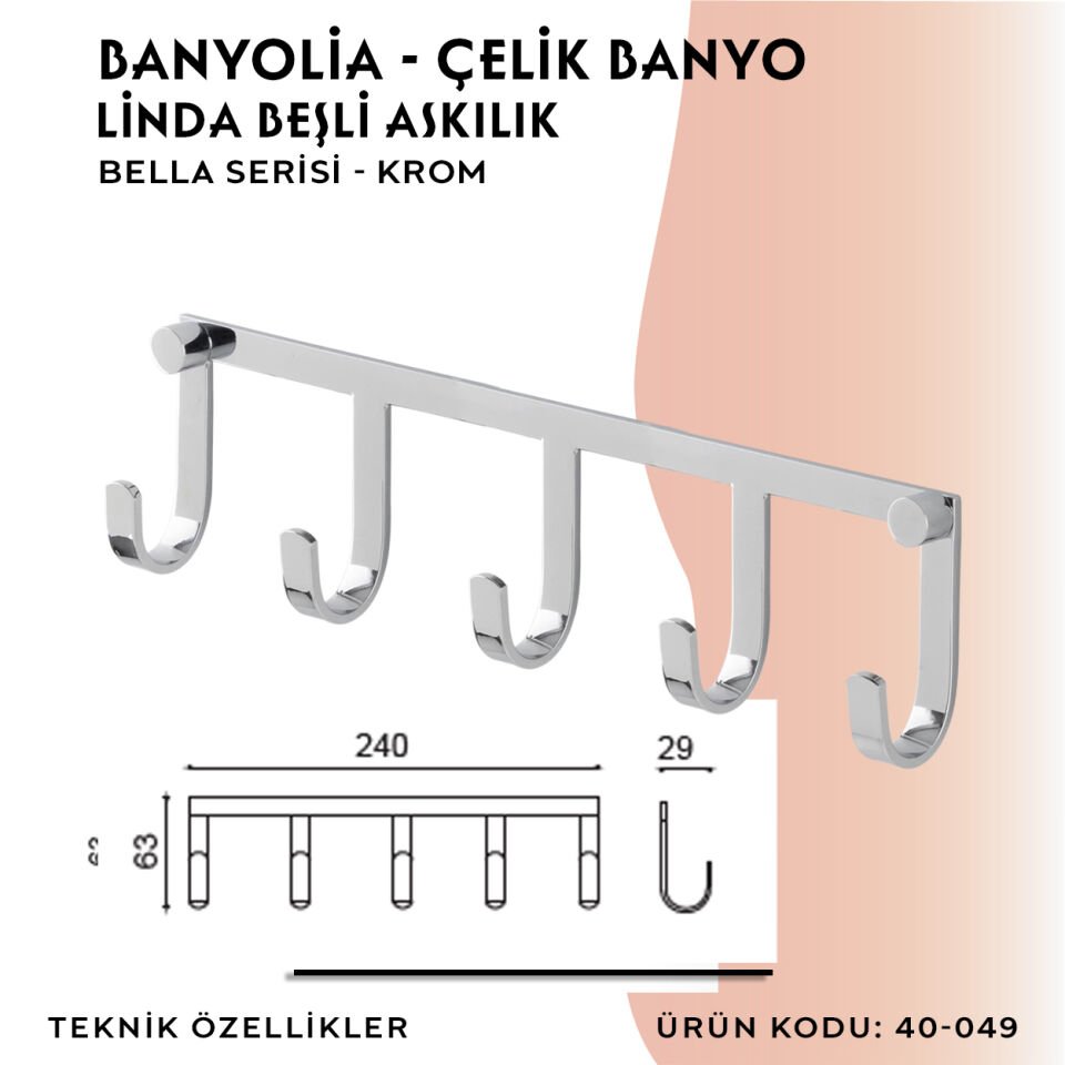 BANYOLİA - Çelik Banyo Bella Linda Beşli Askılık (40-049)