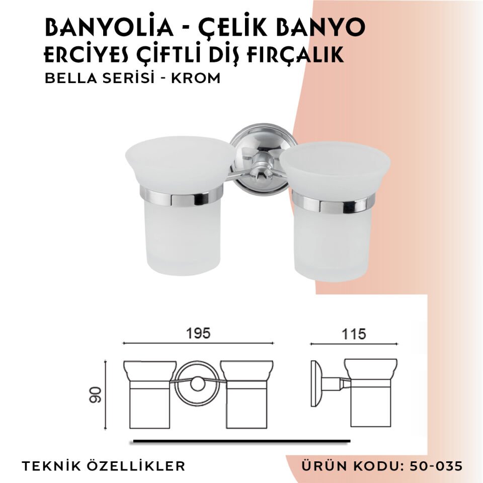 BANYOLİA - Çelik Banyo Bella Erciyes Çiftli Diş Fırçalık (50-035)