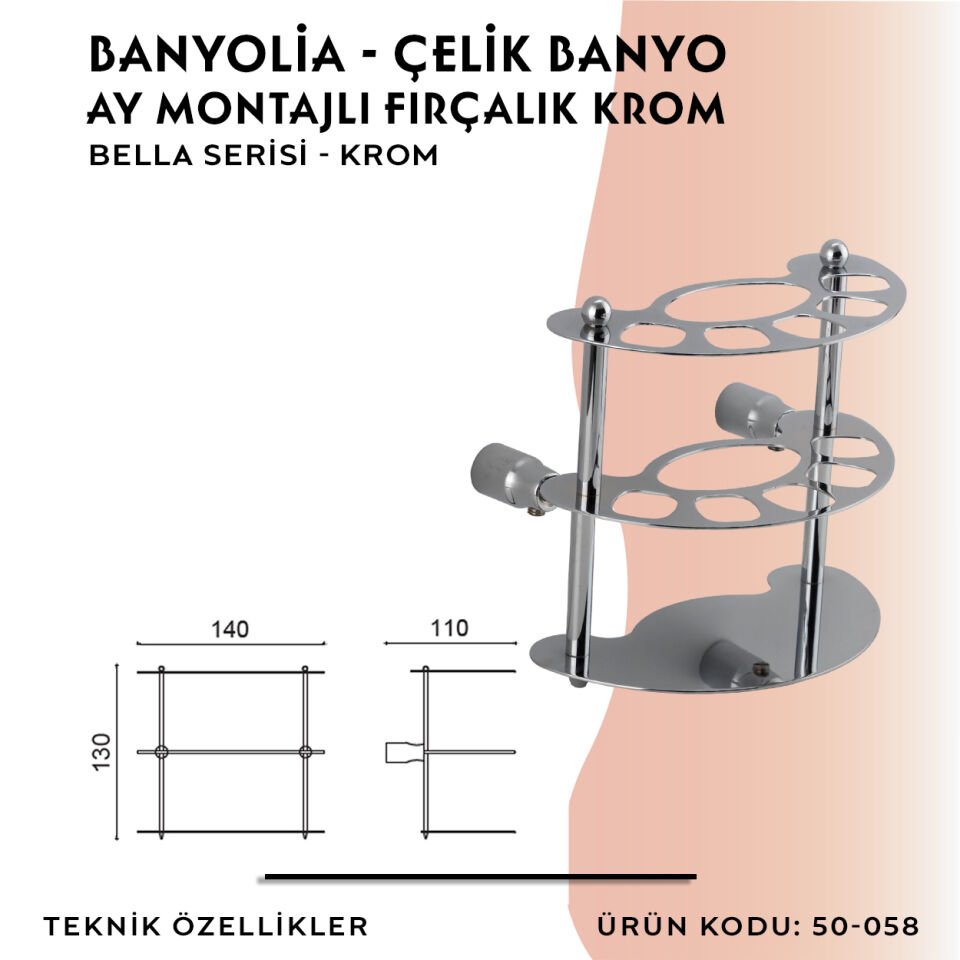 BANYOLİA - Çelik Banyo Bella Ay Montajlı Diş Fırçalık Krom(50-058)