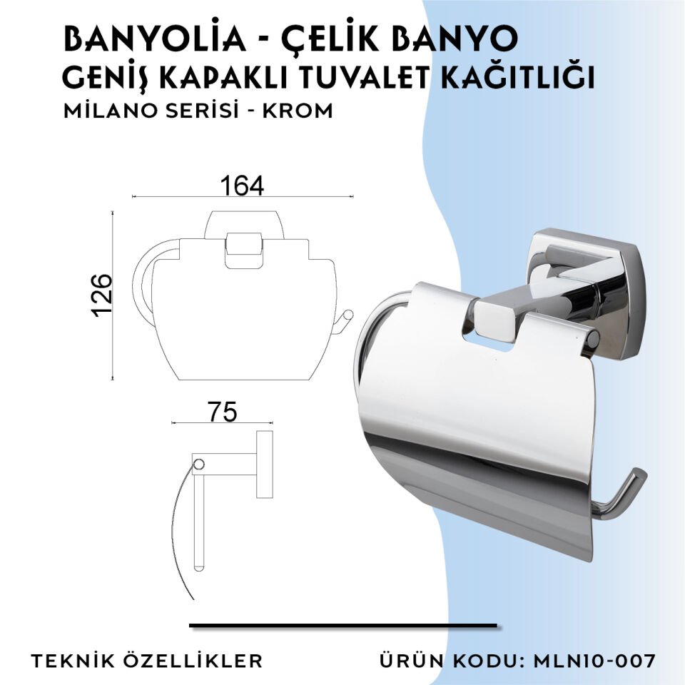 BANYOLİA - Çelik Banyo Milano Geniş Kapaklı Tuvalet Kâğıtlığı (MLN10-007)