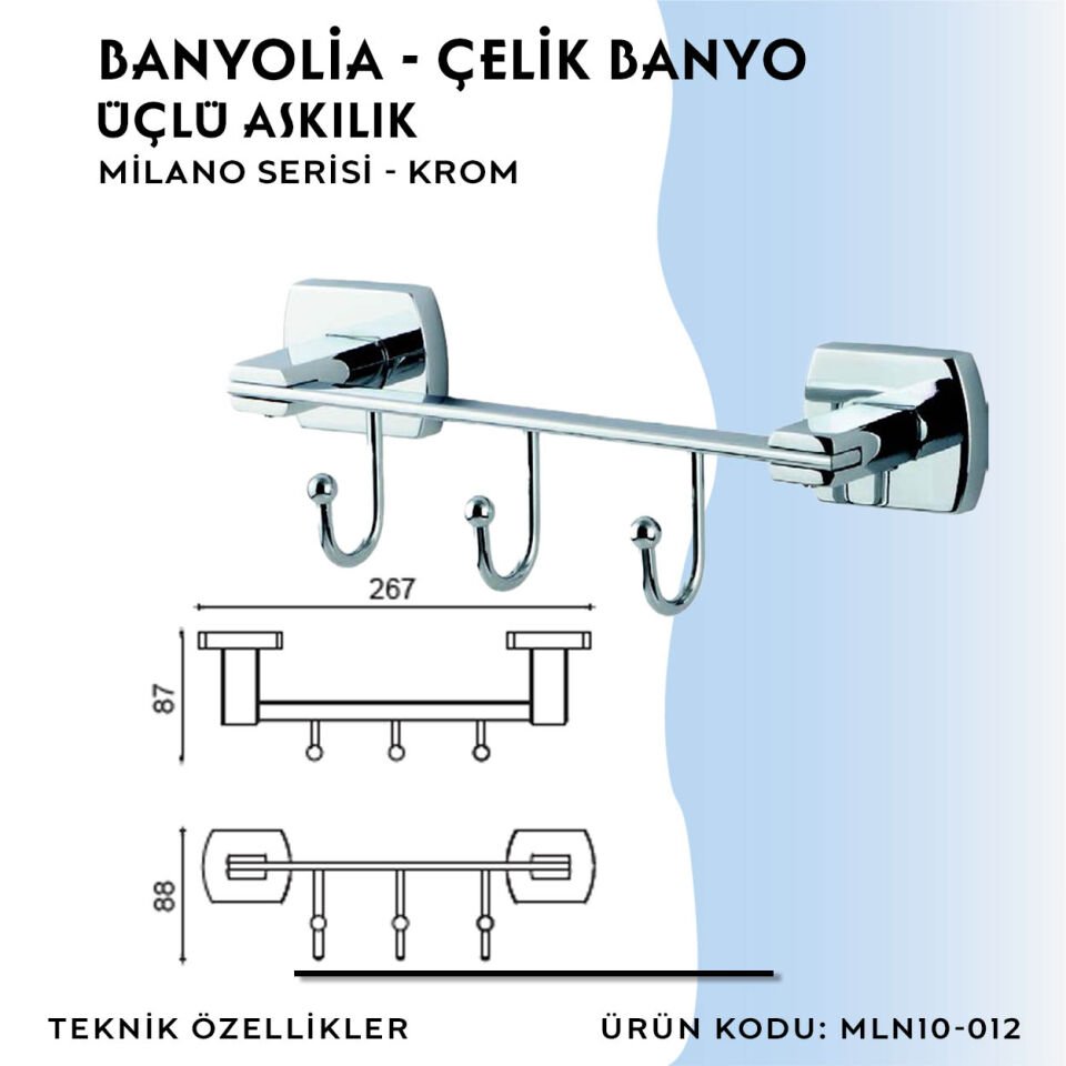 BANYOLİA - Çelik Banyo Milano Üçlü Askılık (MLN10-012)