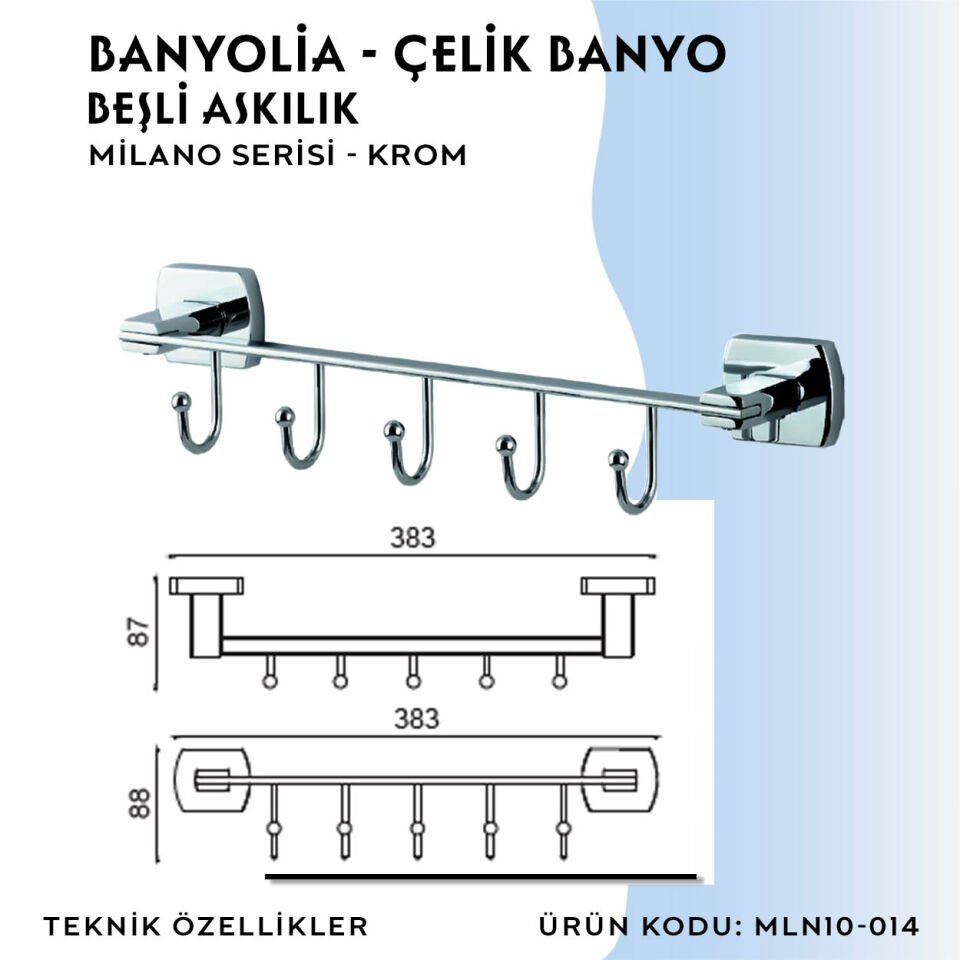 BANYOLİA - Çelik Banyo Milano Beşli Askılık (MLN10-014)