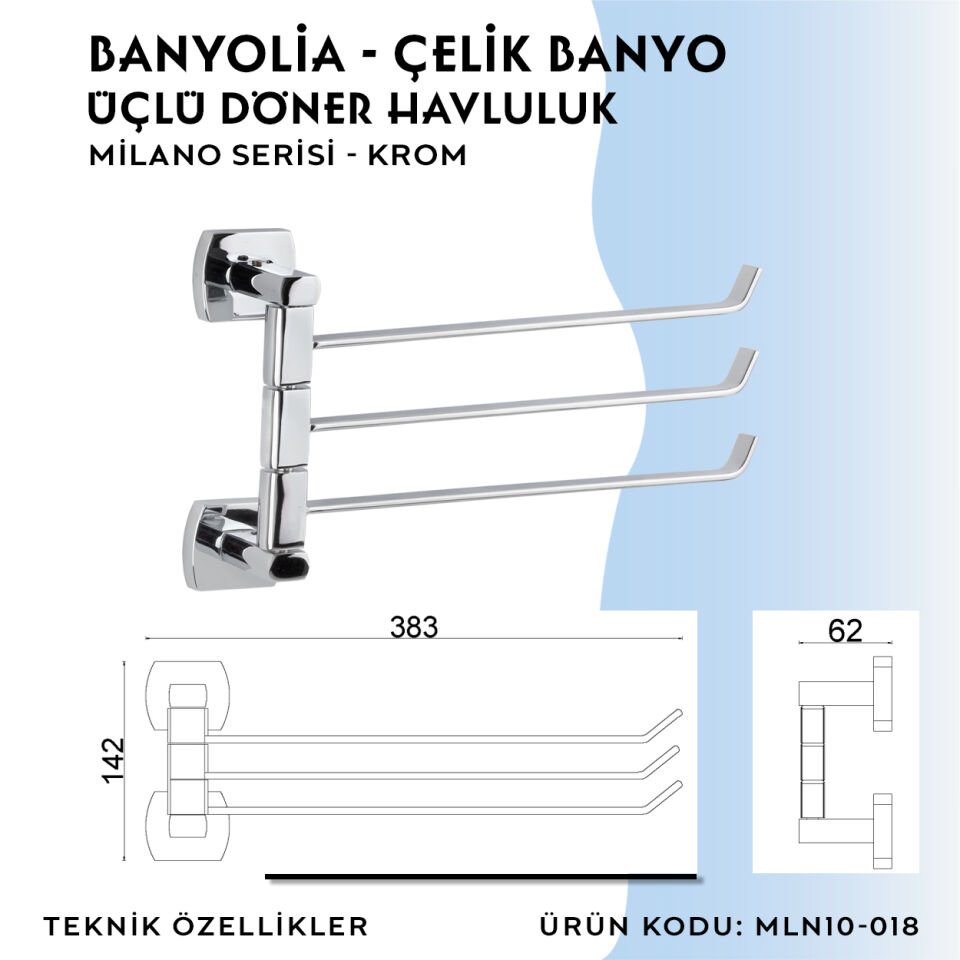 BANYOLİA - Çelik Banyo Milano Üçlü Döner Havluluk (MLN10-018)