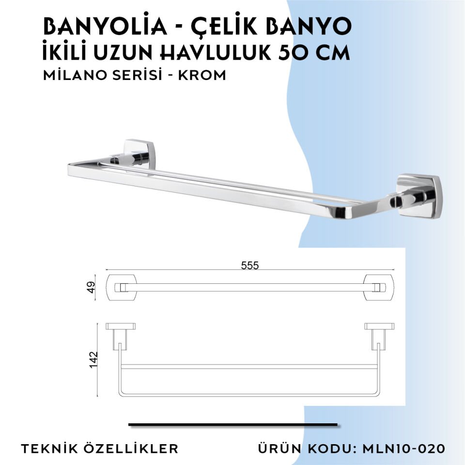 BANYOLİA - Çelik Banyo Milano İkili Uzun Havluluk 50cm (MLN10-020)