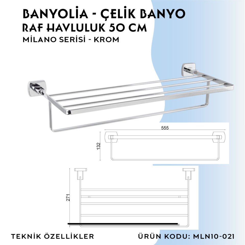 BANYOLİA - Çelik Banyo Milano Raf Havluluk 50cm (MLN10-021)