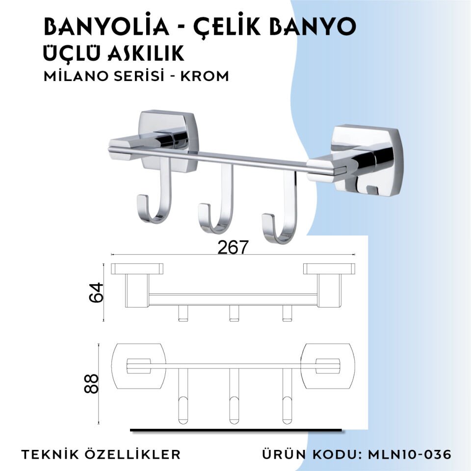 BANYOLİA - Çelik Banyo Milano Üçlü Askılık (MLN10-036)