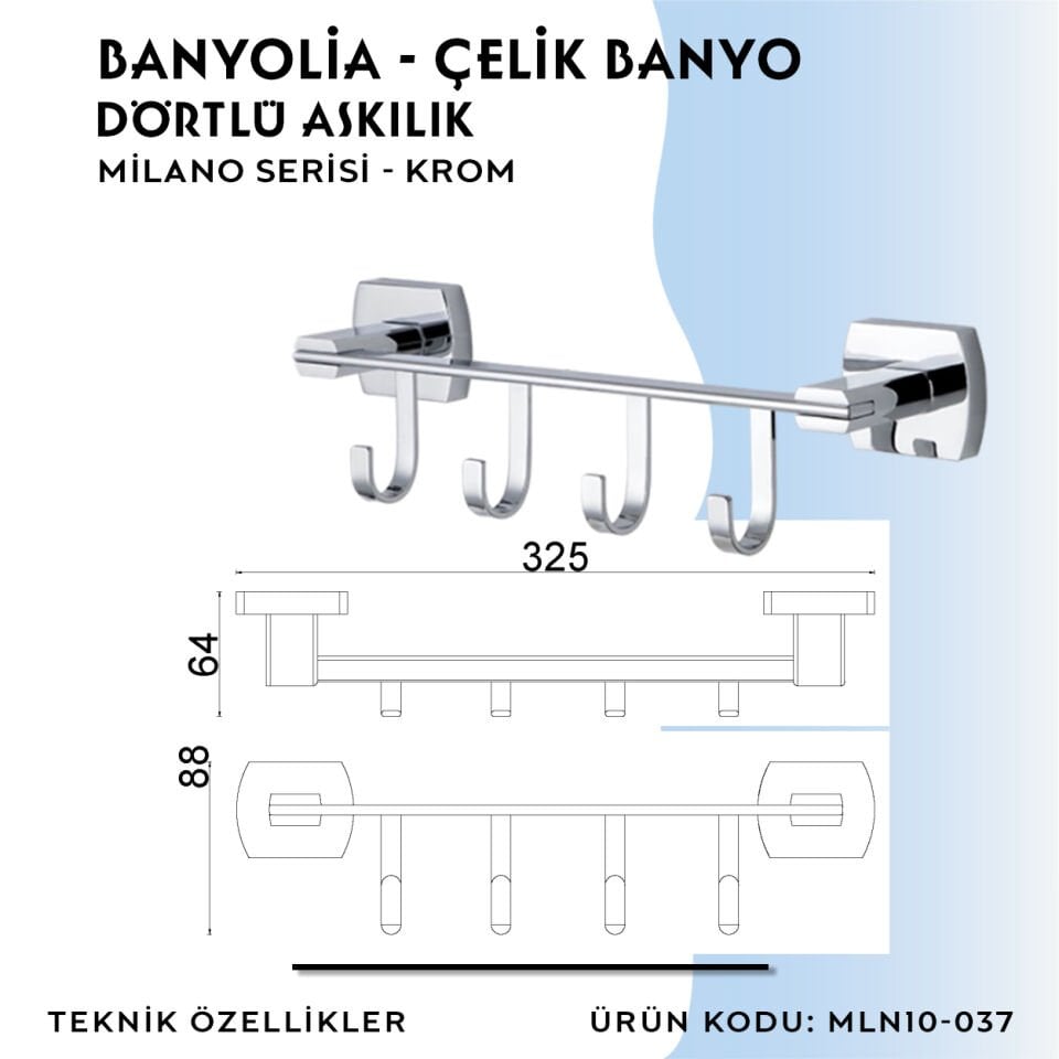 BANYOLİA - Çelik Banyo Milano Dörtlü Askılık (MLN10-037)