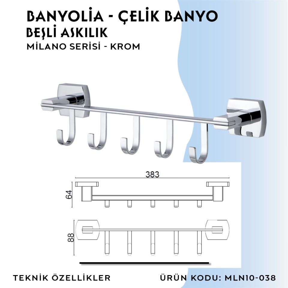 BANYOLİA - Çelik Banyo Milano Beşli Askılık (MLN10-038)