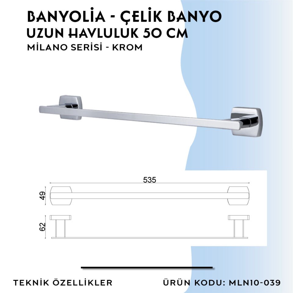 BANYOLİA - Çelik Banyo Milano Uzun Havluluk 50cm (MLN10-039)