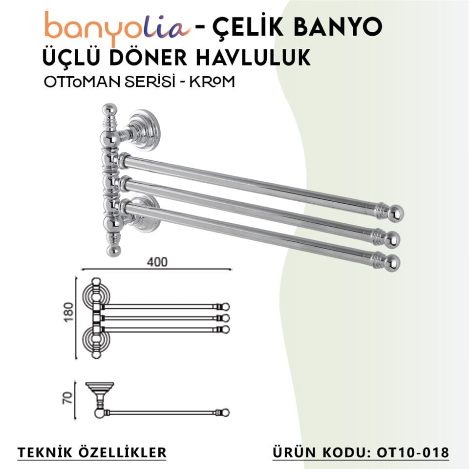 BANYOLİA - Çelik Banyo Ottoman Üçlü Döner Havluluk (OT10-018)