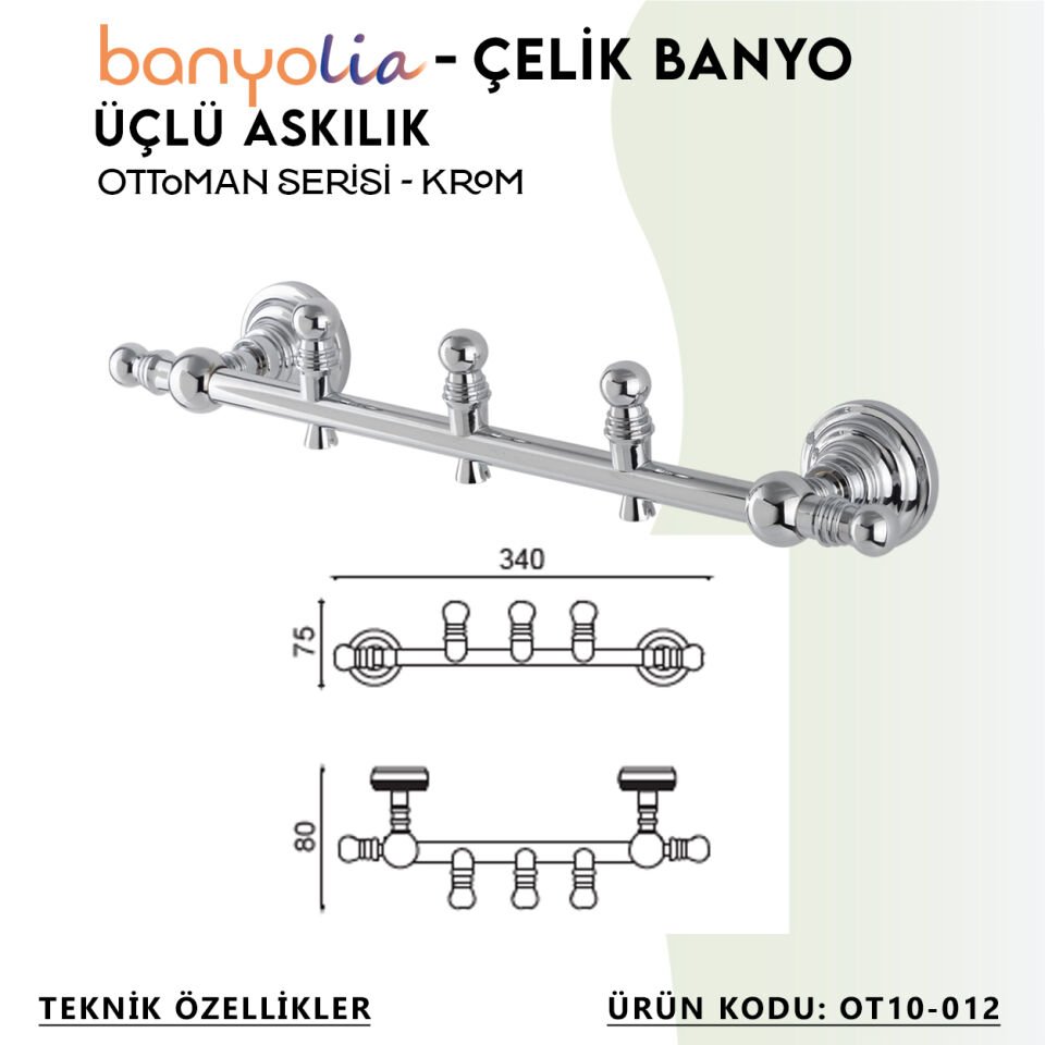 BANYOLİA - Çelik Banyo Ottoman Üçlü Askılık (OT10-012)