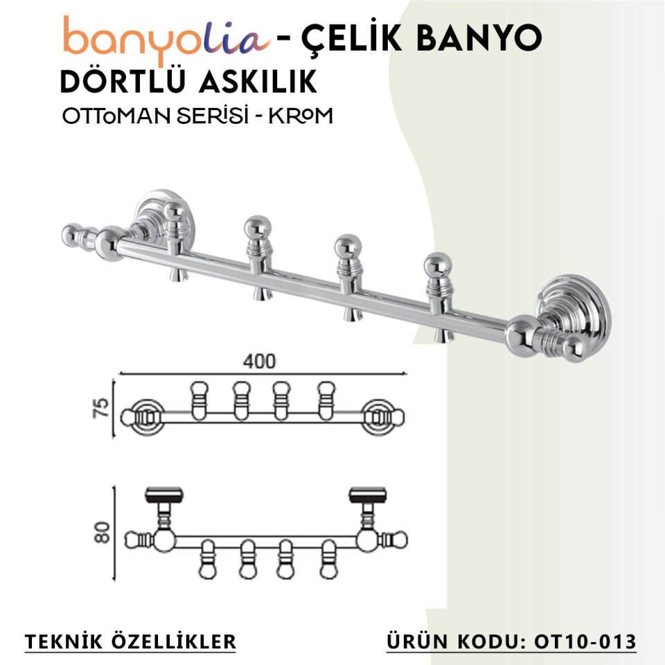 BANYOLİA - Çelik Banyo Ottoman Dörtlü Askılık (OT10-013)
