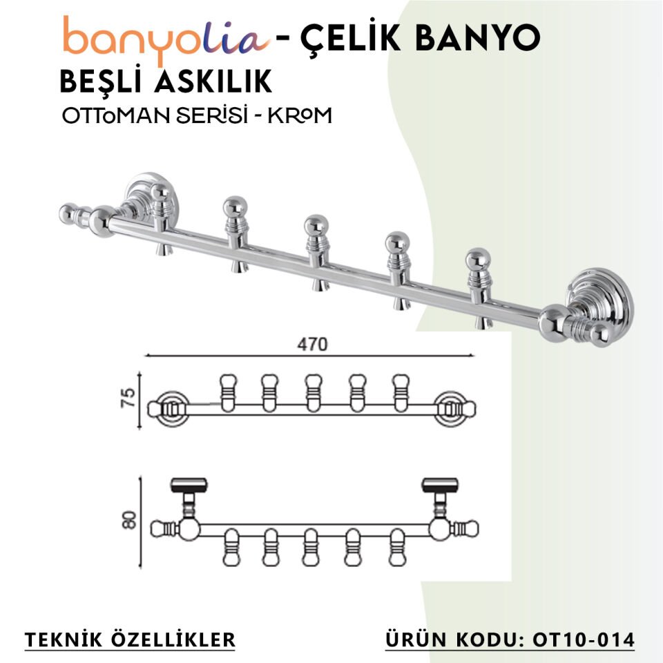 BANYOLİA - Çelik Banyo Ottoman Beşli Askılık (OT10-014)
