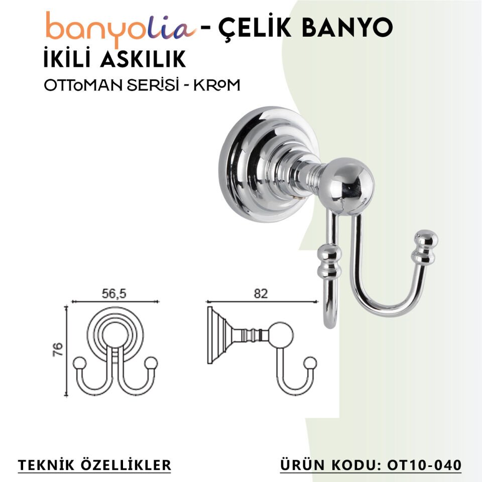 BANYOLİA - Çelik Banyo Ottoman İkili Askılık (OT10-040)