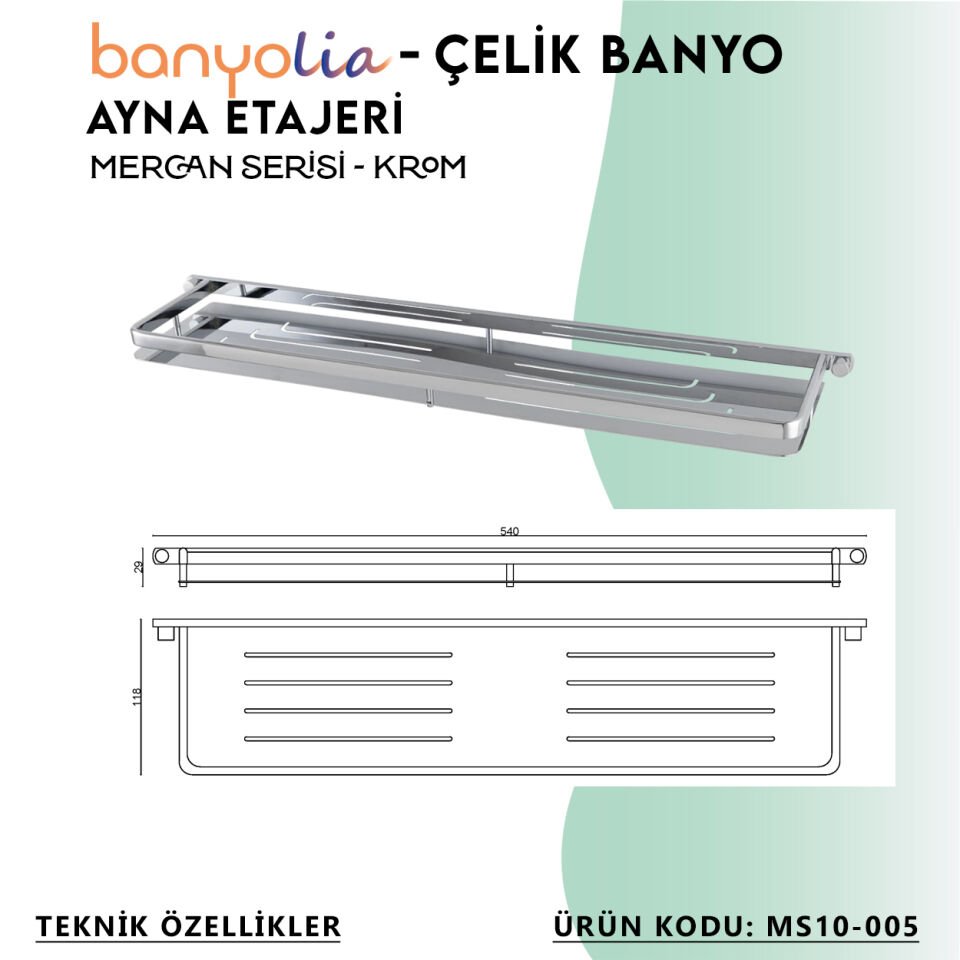 BANYOLİA - Çelik Banyo Mercan Ayna Etajeri (MS10-005)