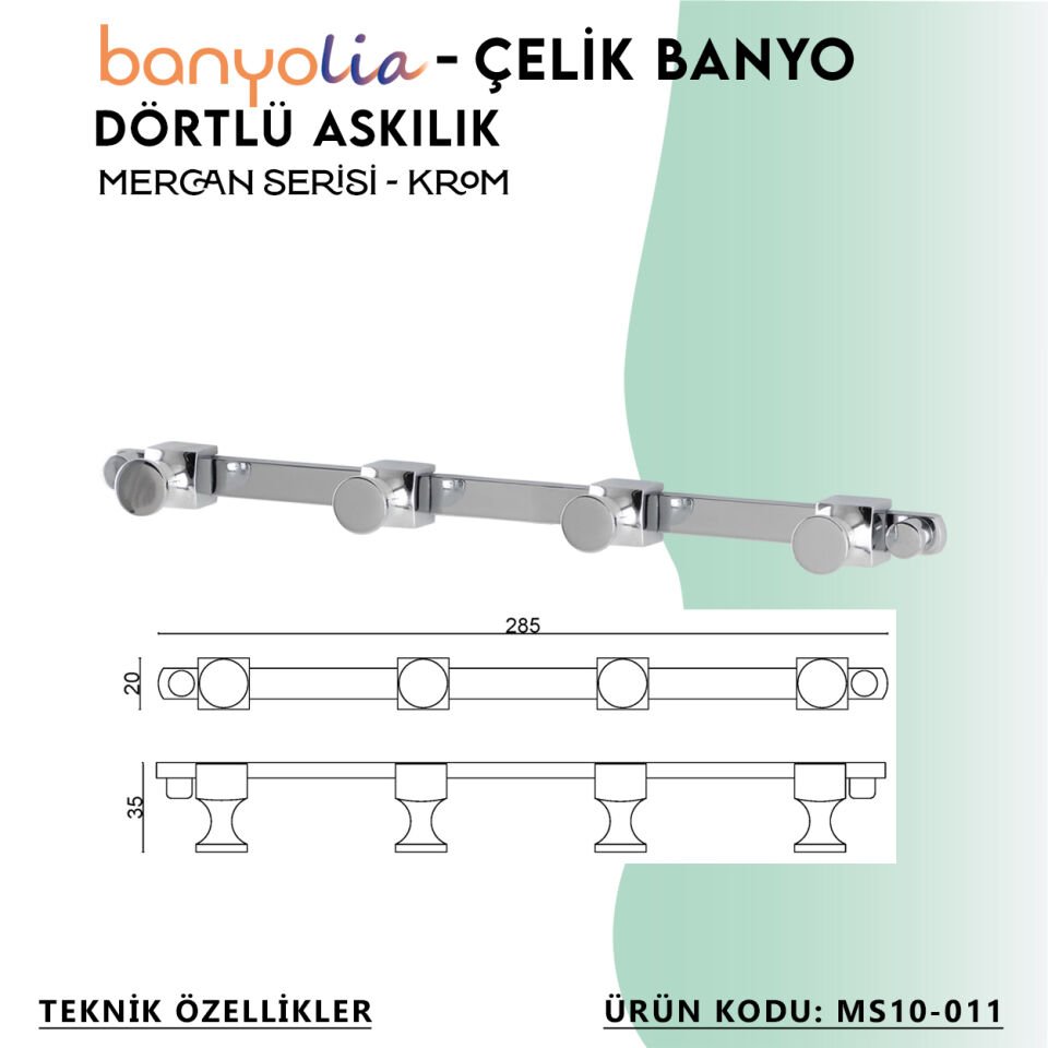 BANYOLİA - Çelik Banyo Mercan Dörtlü Askılık (MS10-011)